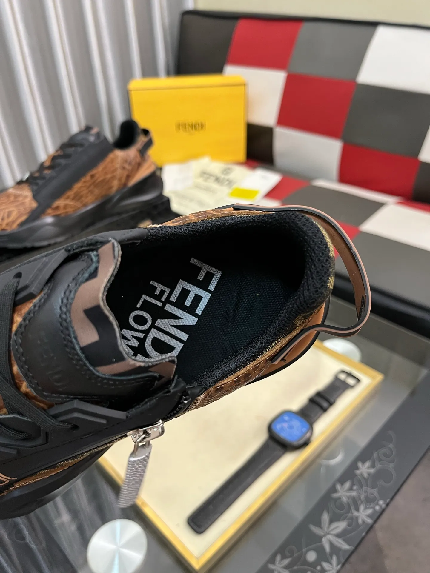 Men's shoes 💰620⌚️⌚️ FEND* — Fendi Flow men's casual sneakers, with elastic straps, side zippers, and corrugated soles engraved with F. Embossed Fendi Flow lettering on the heel. Made of technical fabric and a mix of blue and genuine leather. Decorated with Lycra® details. FF graphic tongue. Ultra-light and wear-resistant EVA sole. Code number: 38-44